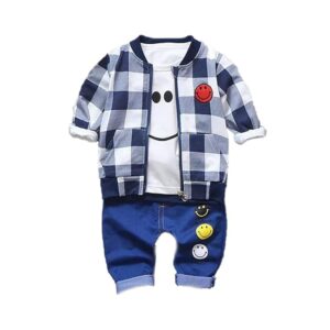 Plaid Check Happy Smiley Face Print T-shirt with Jacket & Pants 3 piece Winter Clothing Set for Infant Toddler Baby Boy Girl Kids
