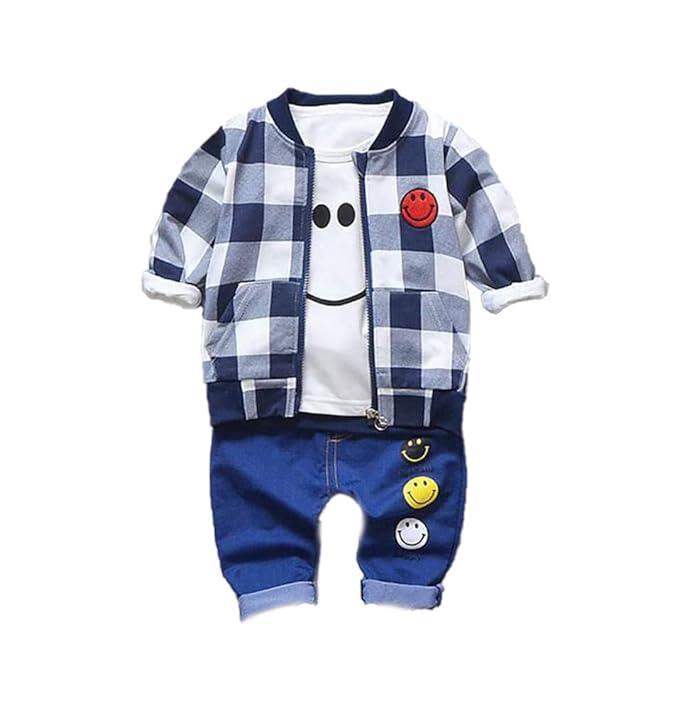 Plaid Check Happy Smiley Face Print T-shirt with Jacket & Pants 3 piece Winter Clothing Set for Infant Toddler Baby Boy Girl Kids