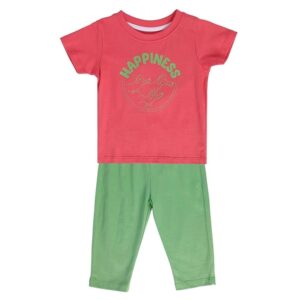 Round Neck Knitted Cotton Printed Clothing Set, Pack of 2 (Orange/Green Color)