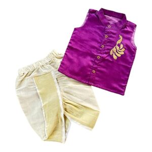 Baby Boy Cotton Silk-Tissue Kasavu Cotton Shirt with Dhoti pant (Peacock-Sleeveless)