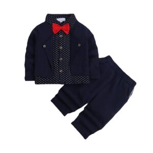 Boys Cotton Polka Dot Print Shirt and Pants Set with Bow in Blue Color
