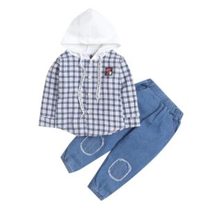 Boys Cotton Plaid Print Shirt And Jeans Set In Multi Color